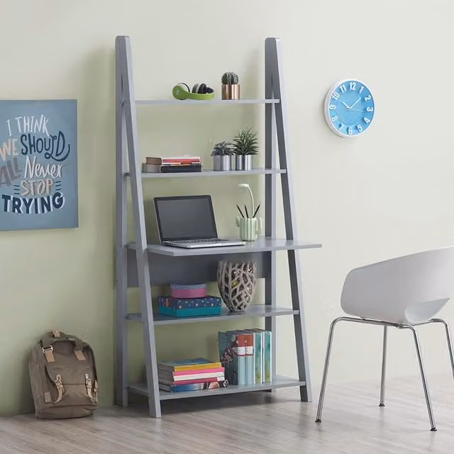 Timber Art Design Riva Ladder Desk Bookcase with 5 Tiers in Light Grey