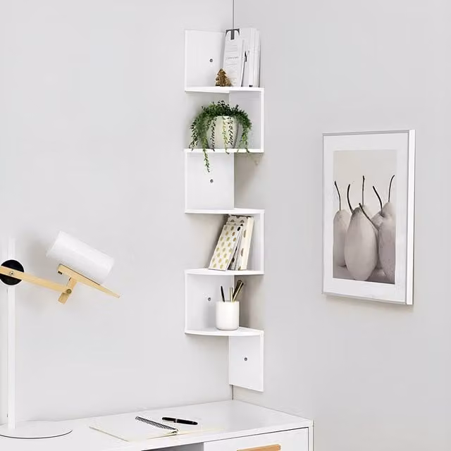 Lifeideas 5-Tier White Wooden Geometric Zigzag Floating Corner Wall Mounted Shelf