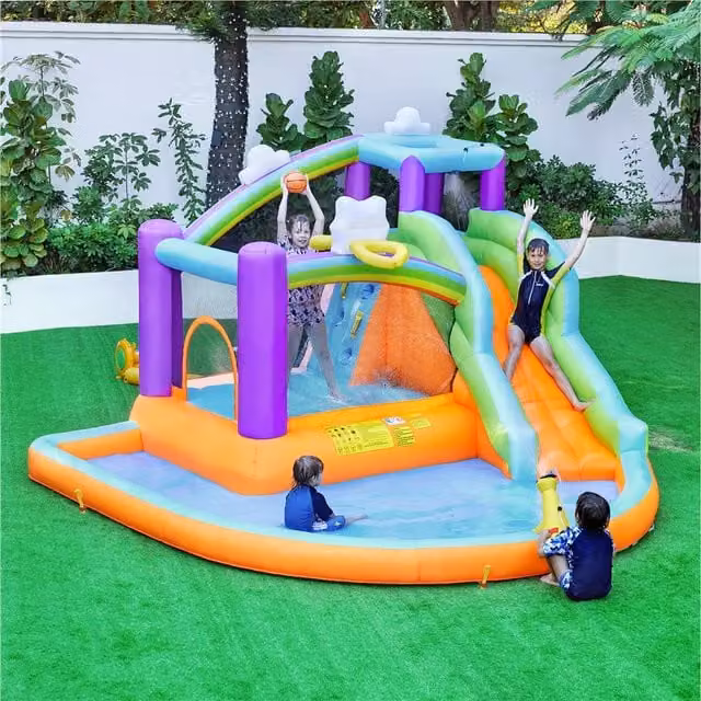 Yaheetech Inflatable Bouncy Castle Trampoline with Slide and Spray for Children, Multicolour, W/D/H: 390 x 238 x 238 cm