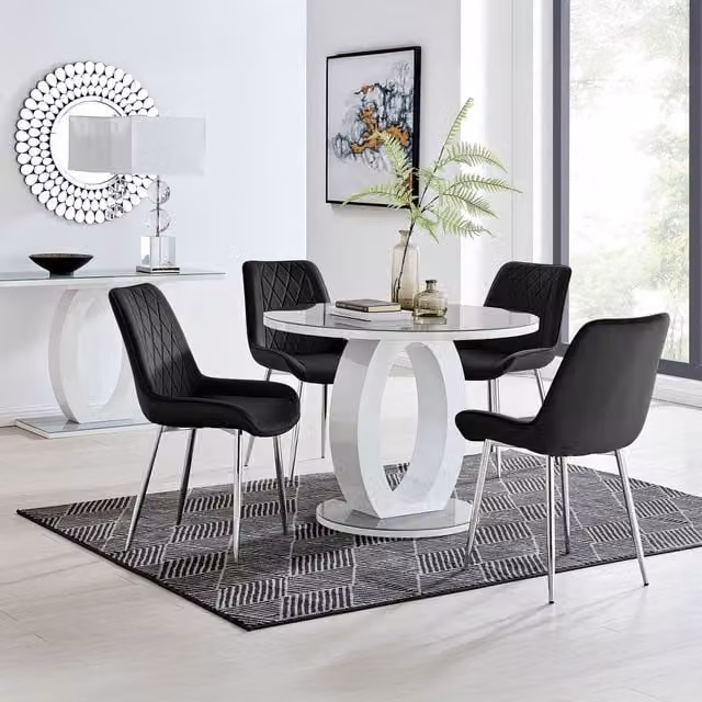 FurnitureboxUK Giovani Round Grey Glass Dining Table with 4 Black Pesaro Silver Leg Chairs, Diameter: 120 cm