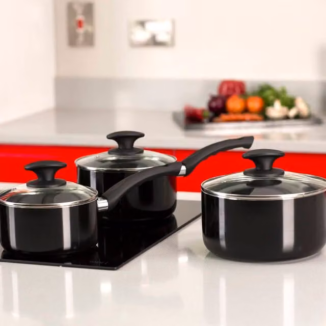 Tower Essentials 3 Piece Non-Stick Aluminium Pan Set with Glass Lids, Black