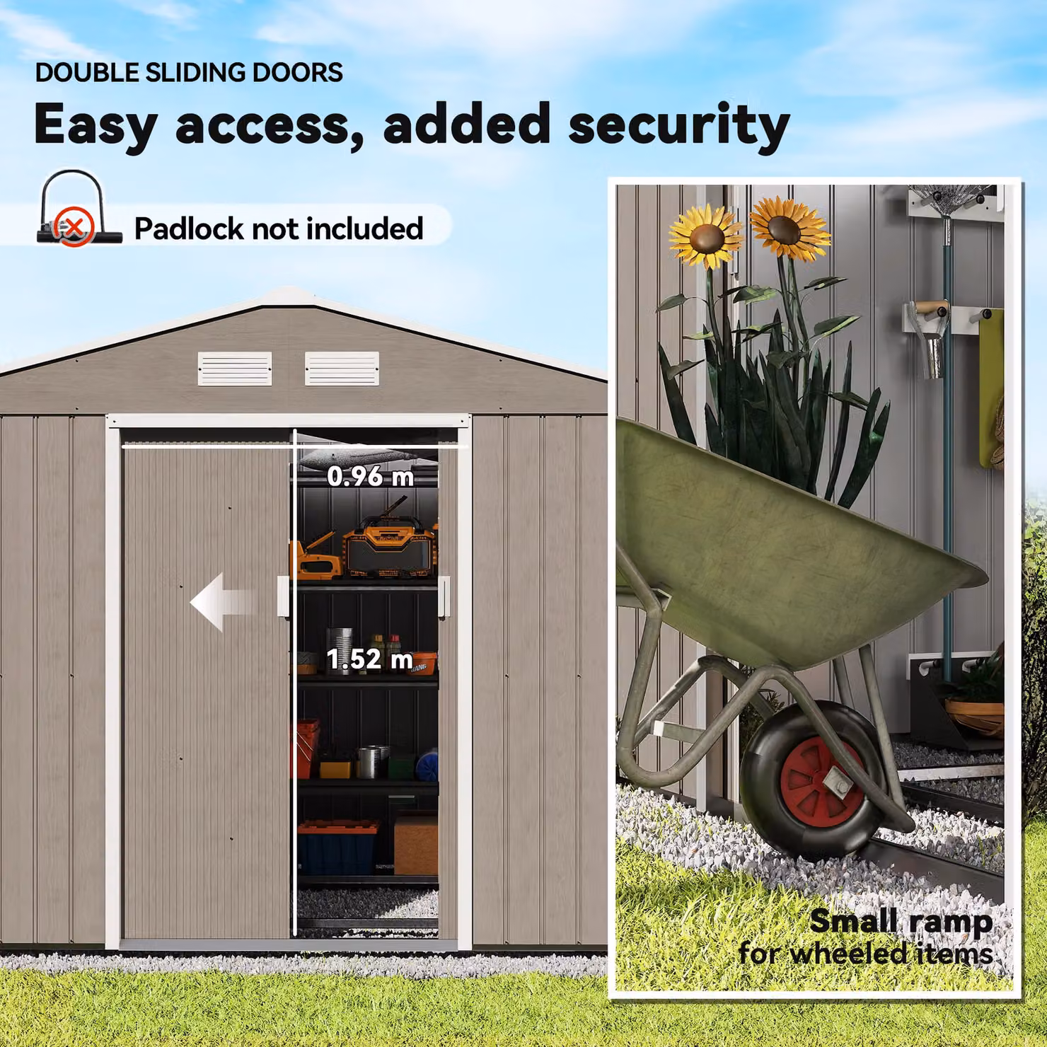 OUTSUNNY Galvanised Steel Garden Shed Storage Unit with Sliding Locking Doors and Side Vent in Brown or Grey – 4
