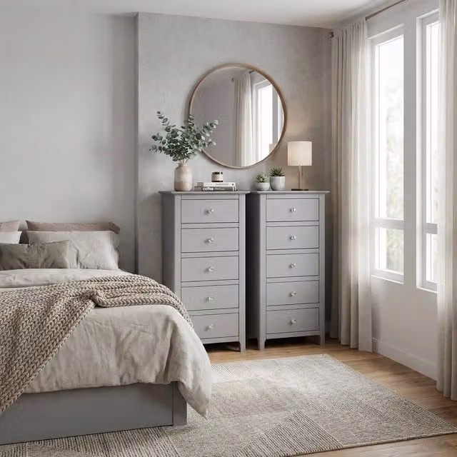 FWStyle Pair of Dove Grey 5 Drawer Chests with Polished Metal Handles