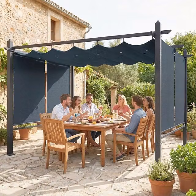 Outsunny Modern Aluminium Garden Pergola with Retractable Roof Canopy in Dark Grey