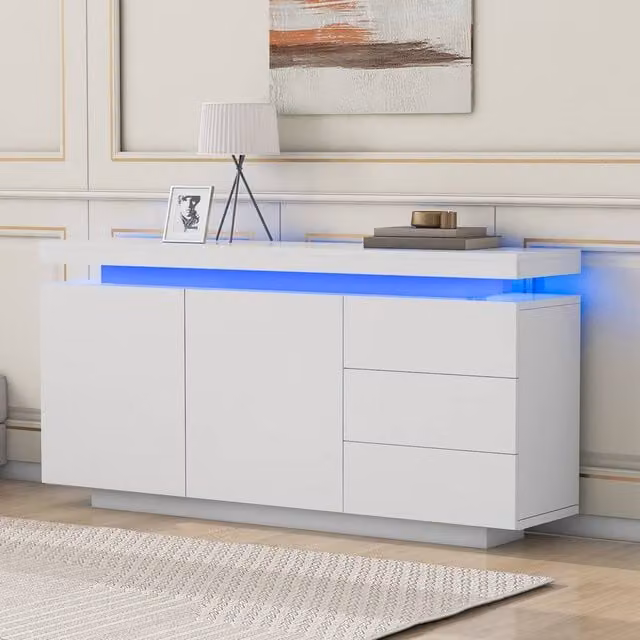 Merax High Gloss White LED Sideboard Cabinet with 3 Drawers and 2 Doors