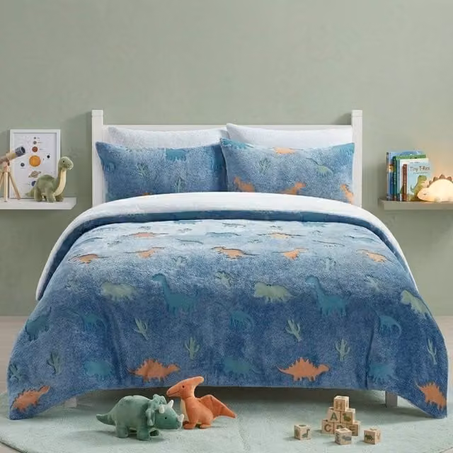 Snug City Teddy Dinosaur Design Glow in the Dark Kids Duvet Set, Blue Multicolour, Single 90x190 cm – 1