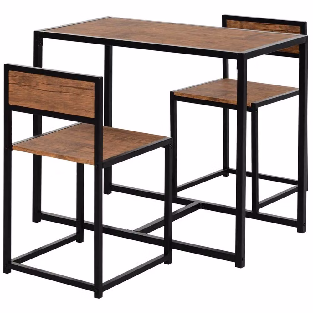 Nordara 3 Piece Industrial Dining Set with Rectangular Table and Chairs in Black and Brown – 3