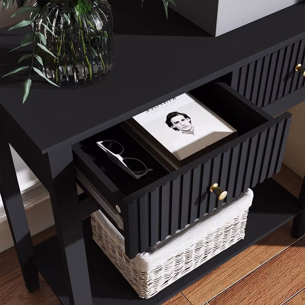 Melody Maison Hales Black 2 Drawer Console Dressing Table with Gold Accents – 3