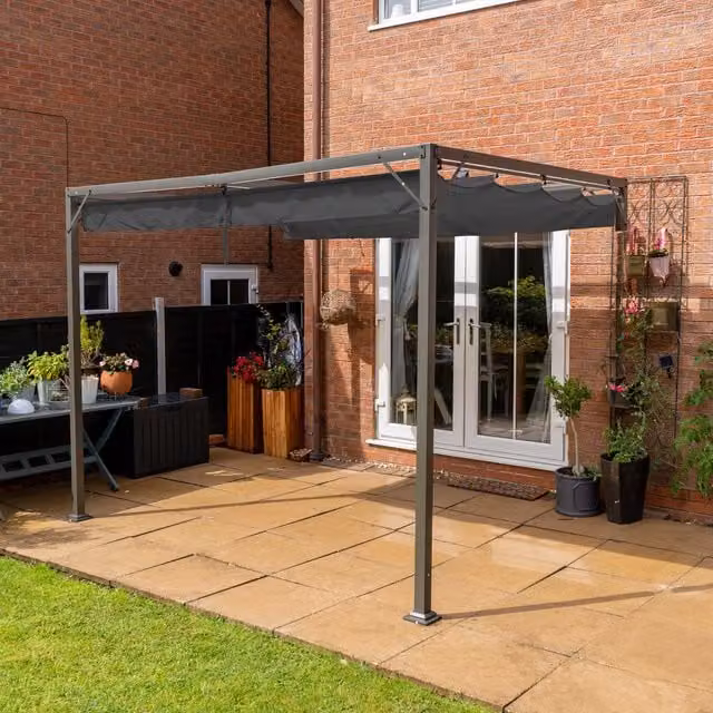 Jack Stonehouse Brooklyn Wall Mounted Outdoor Retractable Metal Pergola with Grey Polyester Canopy, W/D/H: 300 x 300 x 220 cm