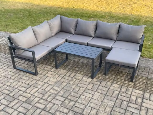 Fimous Modern Powder Coated Aluminium L-Shape Garden Furniture Set in Dark Grey with Corner Sofa, Oblong Coffee Table and Matching Ottoman