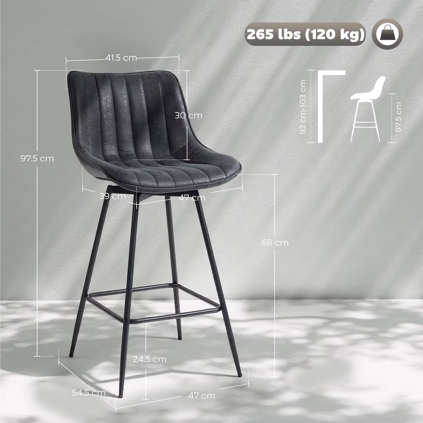 HOMCOM Set of 2 Black PU Leather Swivel Bar Stools – 3
