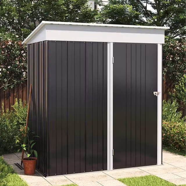 Livingandhome Modern Steel Metal Garden Shed with Shelving and Single Door in Matt Black