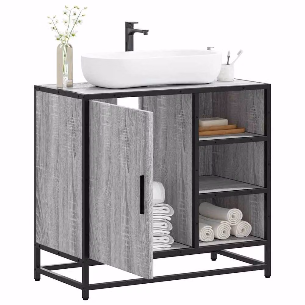 Berkfield Home Elegant Grey Sonoma Bathroom Sink Cabinet with Hinged Doors and Open Shelf, W/D/H: 65 x 33 x 60 cm – 2
