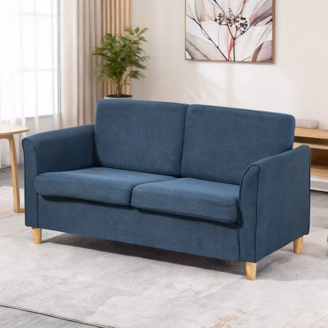 ERGOVEXA Compact 2 Seater Loveseat Sofa in Blue with Wood Legs and Removable Fabric Covers