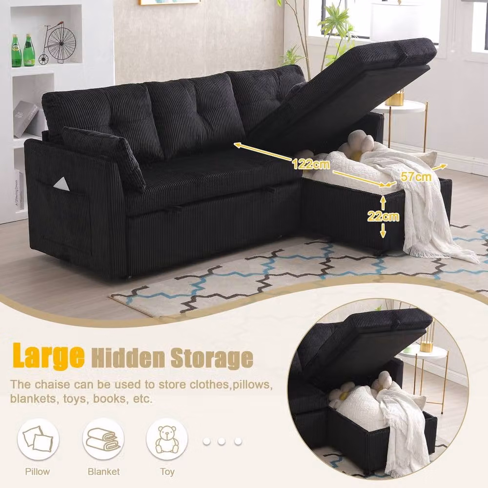 Direct Wicker L-Shape Convertible 3-in-1 Sofa with Storage and Pull-Out Bed in Black, W/D/H: 206 x 150 x 88 cm – 4