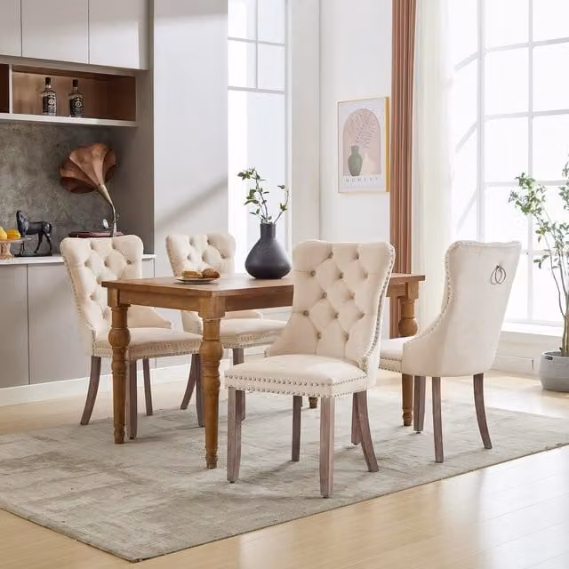 Aosom.UK Set of 4 Beige Velvet Upholstered Dining Chairs with Button Tufted Back and Brushed Wood Legs, W/D/H: 64 x 50 x 96 cm – 1