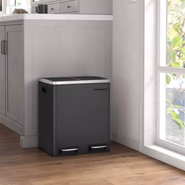 The Bazaarist 30L Double Compartment Metal Recycling Bin with Pedal and Soft-Close Lid in Black