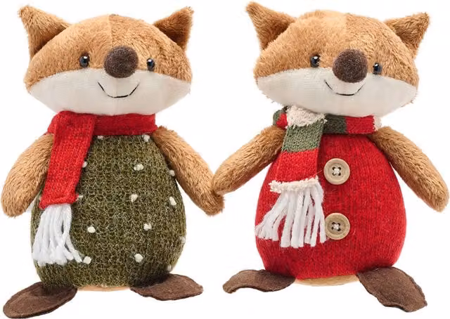 The Christmas Gift Co. Set of 2 Fabric Sitting Fox Tabletop Decorations in Brown, Red and Green