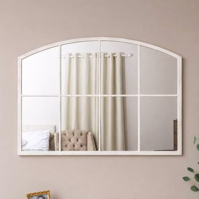 Melody Maison Distressed White Arched Window Wall Mirror, W: 100 cm, H: 70 cm