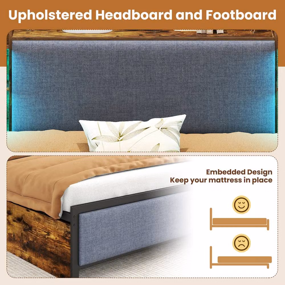 Costway Double Size Platform Bed Frame in Brown with LED Lights, USB Charging Port and Drawers, W/D/H: 140 x 200 cm – 7