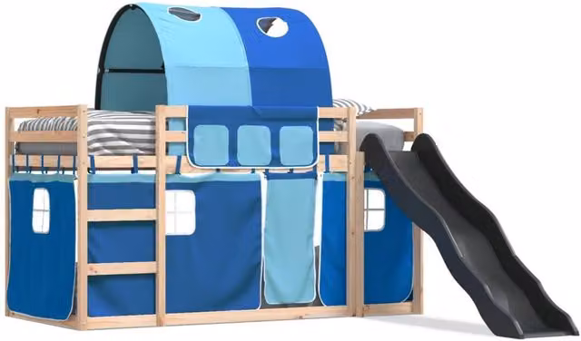 Berkfield Home Blue Pine Wood Childrens Bunk Bed with Slide and Curtains W/D/H: 80 x 200 cm