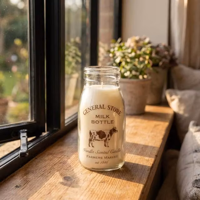 Garden Greatness General Store Vintage Milk Bottle Candle in White and Multicolour