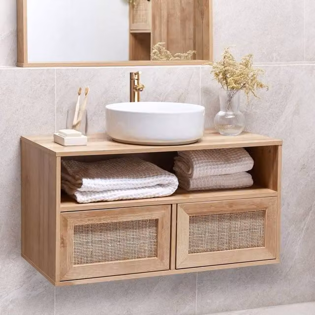 Wyld and Coco Boho Wall Mounted Bathroom Cabinet in Brown with Rattan and MDF, W/D/H: 45 x 2 x 86 cm