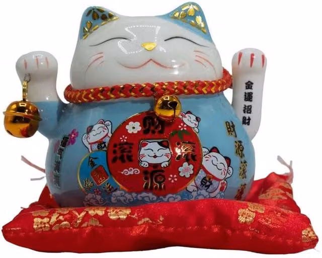 KDMD Blue Ceramic Oriental Fortune Cat Tabletop Ornament