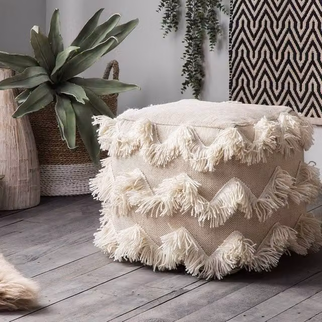 Wyld Haus Soft Body Rectangular Beige and Gold Cotton-Wool Pouffe – 1