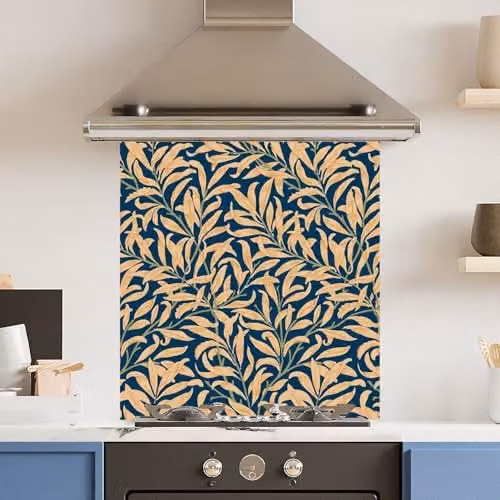 Blue and Yellow Leaf Floral Toughened 6mm Glass Kitchen Splashback, W: 70 cm, H: 75 cm