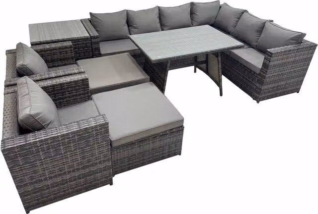 Fimous Modern 10-Seater Dark Grey Mixed PE Rattan Garden Furniture Set with Glass Table