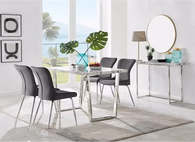 FurnitureboxUK Kylo White Marble Effect Dining Table and 4 Nora Silver Leg Chairs in Dark Grey
