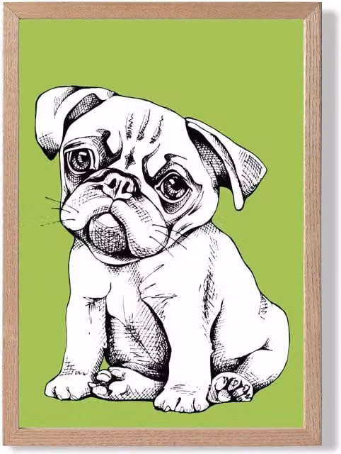 ARTZE Sketch Pug Dog Framed Print in Bright Green with Oak Frame, A2