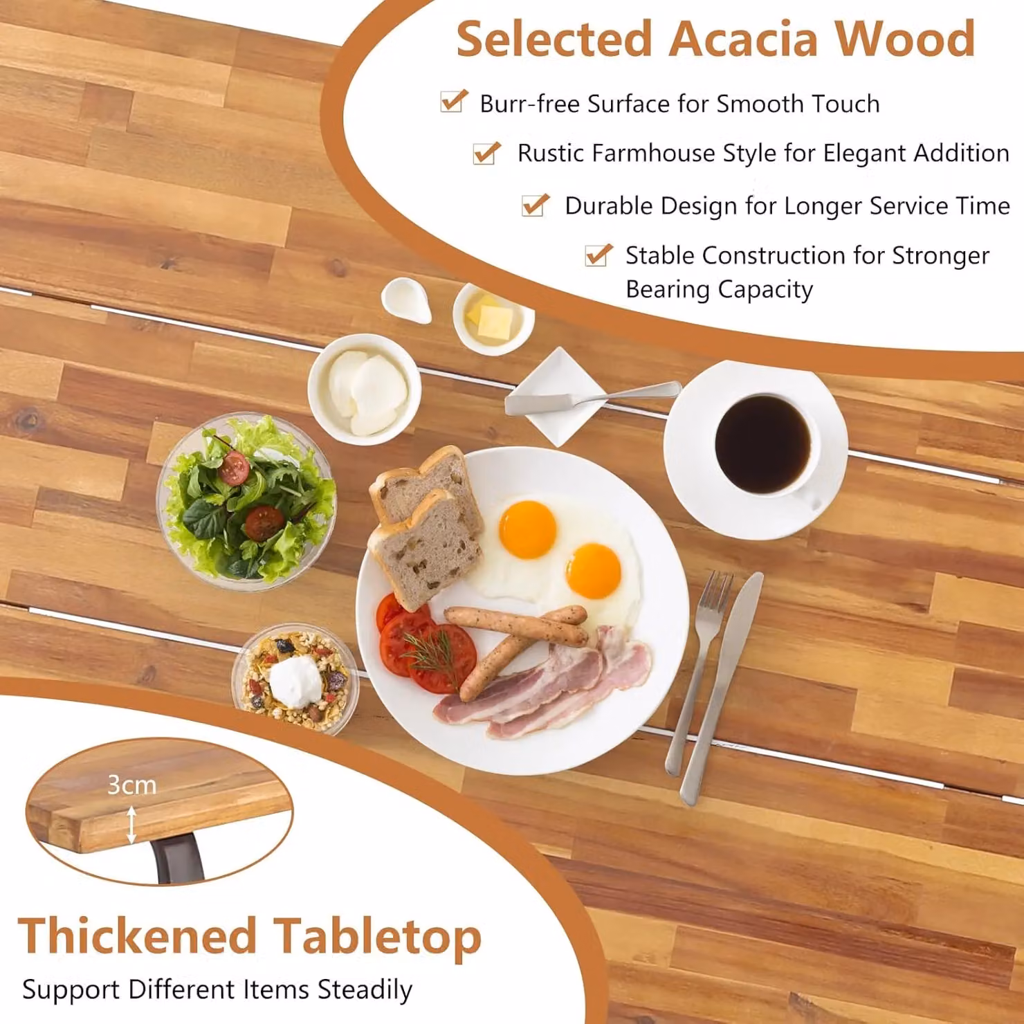 Gymax Picnic Dining Table and Bench Set in Brown Acacia Wood with Umbrella Hole – 2
