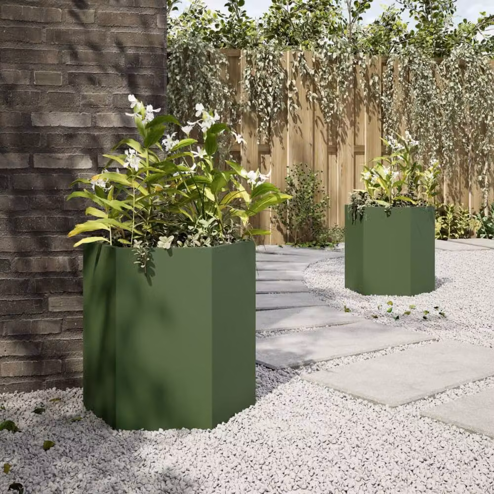 Berkfield Home Garden Hexagon Steel Planter Set, 2 Pieces, Green, W: 46 cm, D: 40 cm, H: 45 cm – 4