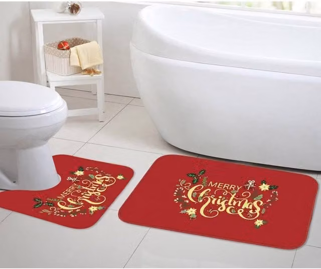 Velosso Christmas Memory Foam Bath and Pedestal Mat Set in Dark Red, 2 Piece Large Non-Slip Set