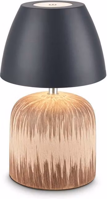 Briloner Rechargeable LED Table Lamp with Touch Dimming, Ceramic and Wood Base, IP44 Outdoor Rated, Anthracite-Wood, W/D/H: 13.5 x 13.5 x 22 cm