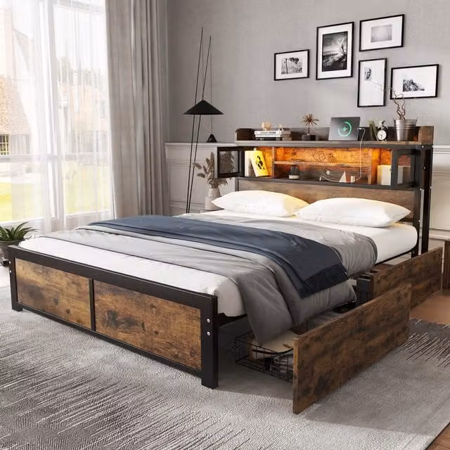 Aosom UK Black Metal Double Storage Bed with 2 Underbed Drawers, LED Light Strip, USB Charging Ports and Headboard Cabinets, W/D/H: 140 x 200 x 83.5 cm – 1