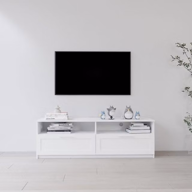 Home Source Modern White TV Floor Stand with 2 Drawers, W: 140.0 cm, D: 35.0 cm, H: 45.0 cm