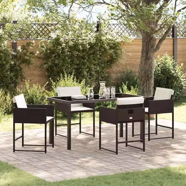 Berkfield Home Garden 5 Piece Modern Poly Rattan Dining Set in Brown with Glass Top
