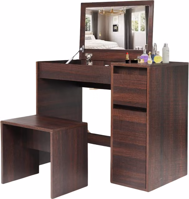 Pirlo Plush Modern Brown Wood Dressing Table and Workstation with Stool W/D/H: 120 x 40 x 68.5 cm