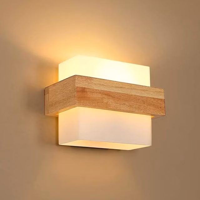 Goeco Brown Wood and Glass Square Indoor Wall Light with E27 Lampshade – 1