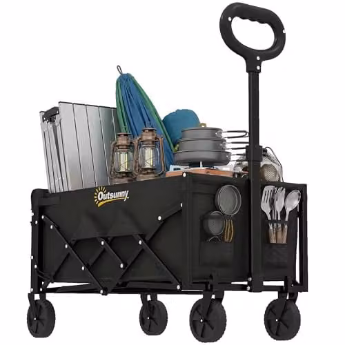 Outsunny 60L Foldable Festival Trolley with Wheels and Drop-Down Tailgate, Black