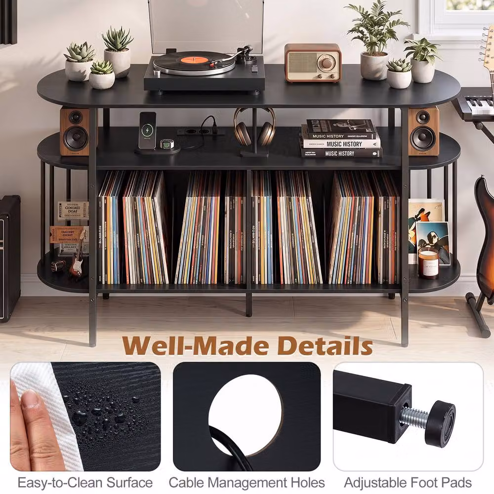 Gymax 3-Tier Black Metal Record Player Stand and Vinyl Cabinet with Integrated Lighting and Media Compartments – 4