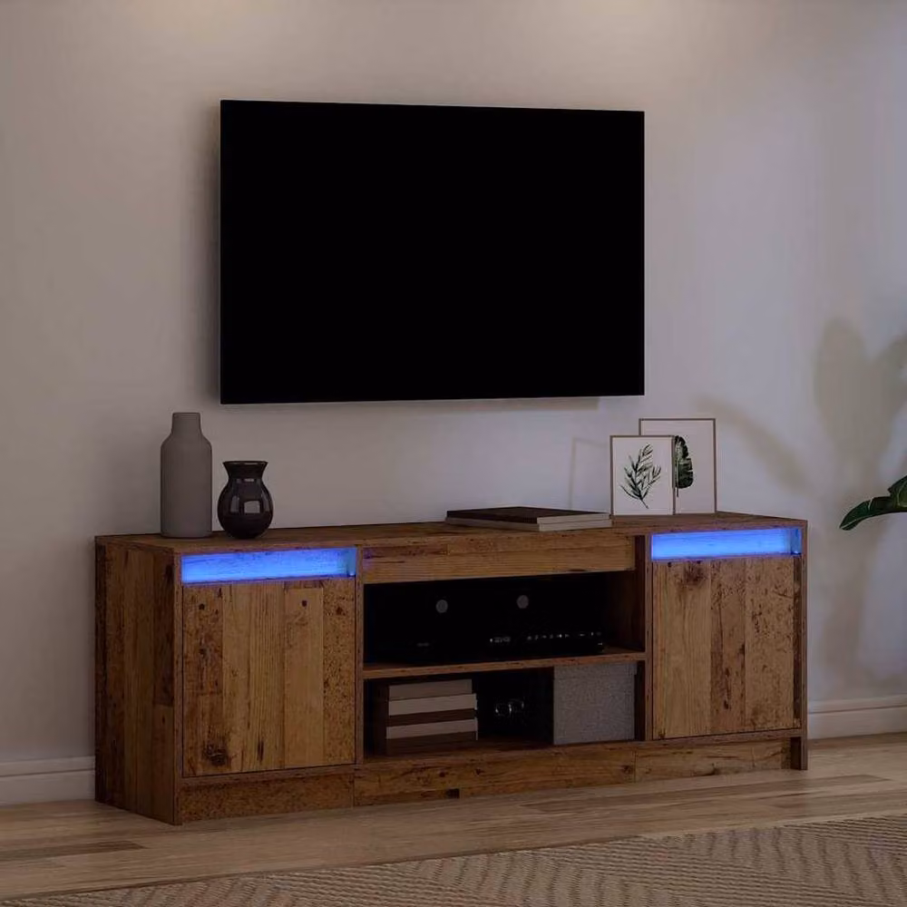Berkfield Home Rustic TV Cabinet with LED Lighting and Sliding Doors in Brown, W: 139.5 cm, D: 50 cm, H: 50 cm – 4