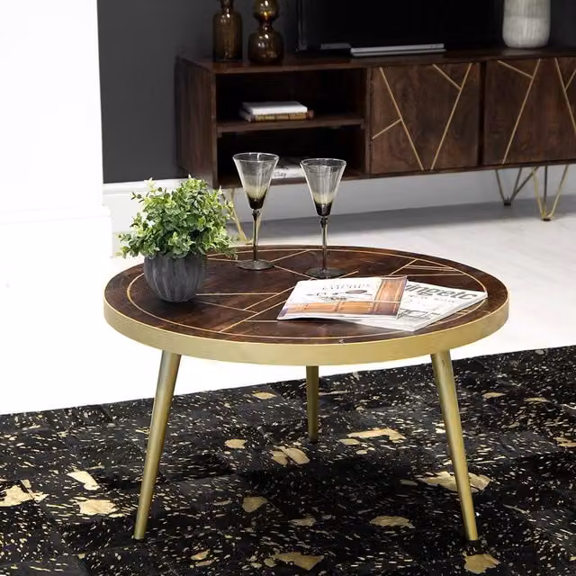 IH Design Jusleen Round Mango Wood Coffee Table in Brown and Gold