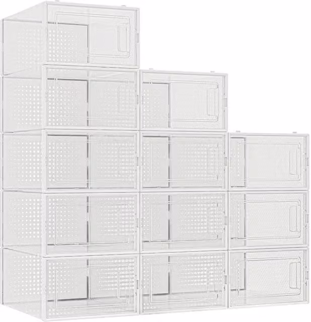 FLAVORA 12-Piece Stackable and Foldable Plastic Shoe Box Storage Set with Lids in White and Transparent