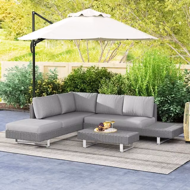 Outsunny Modern Rattan Wicker Corner Sofa Set in Light Grey