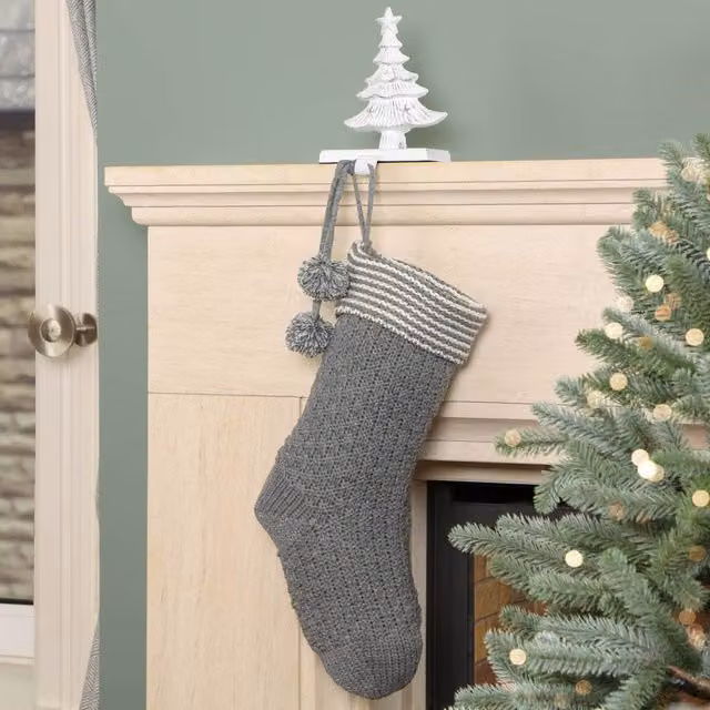Dibor Set of 2 Grey and Gold Chunky Knit Pom Pom Christmas Stockings – 1