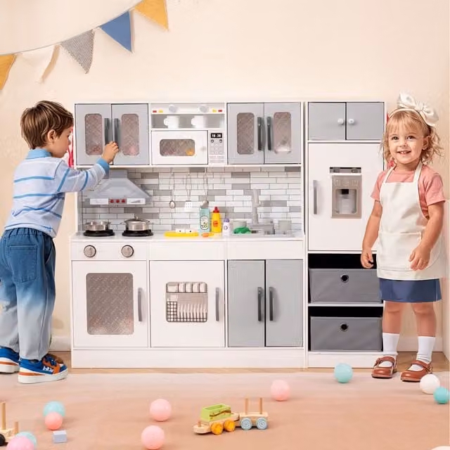 Costway Kids Kitchen Refrigerator Set in Grey